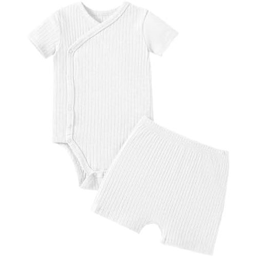 SOBOWO Newborn Boy Girl Clothes Summer Infant Ribbed Set Solid Short Sleeve Baby Side Snap Bodysuit Shorts Coming Home Outfit