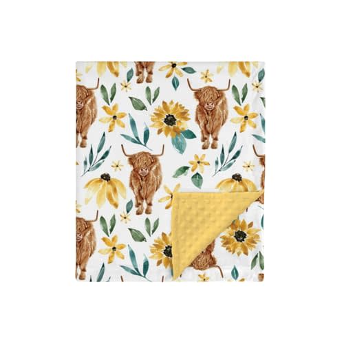 HawSkgFub Highland Cow Sunflower Mink Baby Blanket Dotted Backing Girl Gift, Yellow Western Farm Animal Floral Double Layer Nursery Bed Blankets, Soft Plush Newborn Infant Toddler Crib Bedding 30x40