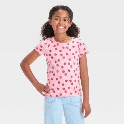 Girls' Short Sleeve Ribbed T-shirt - Cat & Jack™ Pale Green Xs: Cotton Blend, Crew Neck, Pullover, Machine Washable