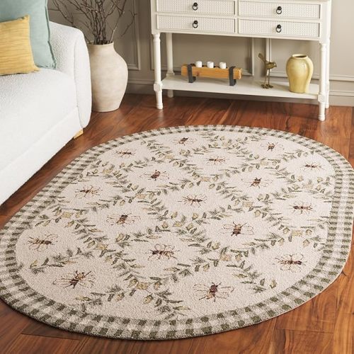 SAFAVIEH Chelsea Collection Area Rug - 4'6" x 6'6" Oval, Ivory & Green, Hand-Hooked French Country Wool, Ideal for High Traffic Areas in Living Room, Bedroom (HK55A)