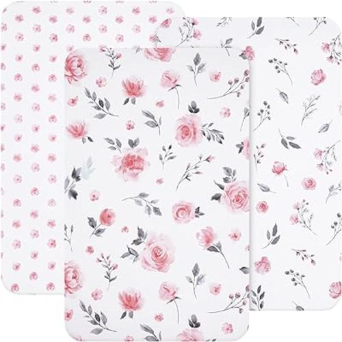 david's kids 3 Pack Mini Crib Sheets, Soft Breathable Premium Pack N Play Sheets for Baby Boys Girls Neutral, Playard and Mini Crib Mattresses, Floral Flowers