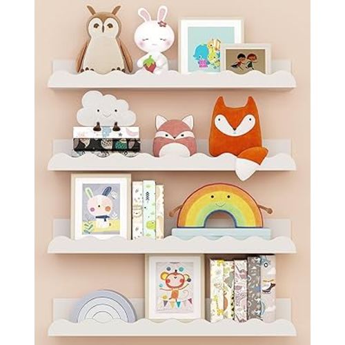 Kids' Bookshelf Set of 4 - White Floating Nursery Book Shelves, Picture Ledge Shelf for Wall Decor and Storage - Perfect for Books, Toys, Photo Frames, and Nursery Décor