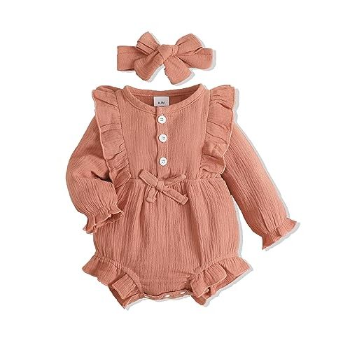 Renotemy Newborn Infant Baby Girl Clothes Cotton Linen Rompers Solid Ruffle Jumpsuits Infant Baby Clothes Girl