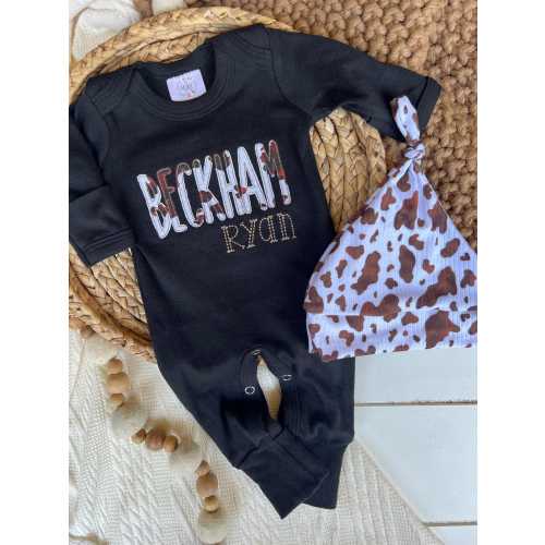 Personalized romper baby boy outfit and hat set, custom boy coming home outfit baby outfit, baby shower gift, with footies cowprint