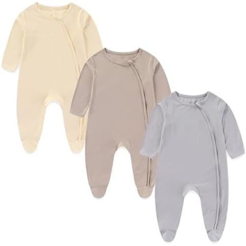 Ecojoy Baby Bamboo Rayon Romper Double Zipper Bodysuit Newborn Infant Solid Footies Jumpsuit 3 Pack