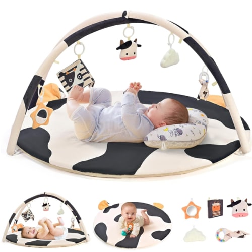 2PM SPORTS Cow Theme Baby Play Mat, Tummy Time Mat for Infant Newborn, Baby Play Gyms & Playmats for 0-3 3-6 6-12 Months, Activity Mat 5 Detachable Toys, Non Slip Gym Mat Easy to Install & Clean