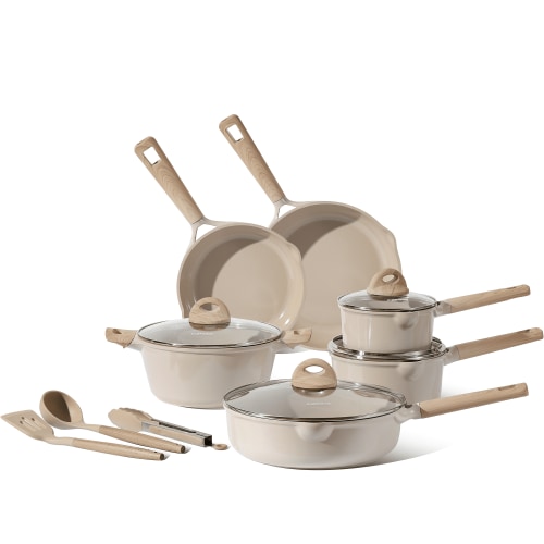 Carote Ceramic Nonstick Pots and Pans Set, 13 Pieces Non-Toxic Kitchen Cookware Sets Compatible for All Stoves, Taupe