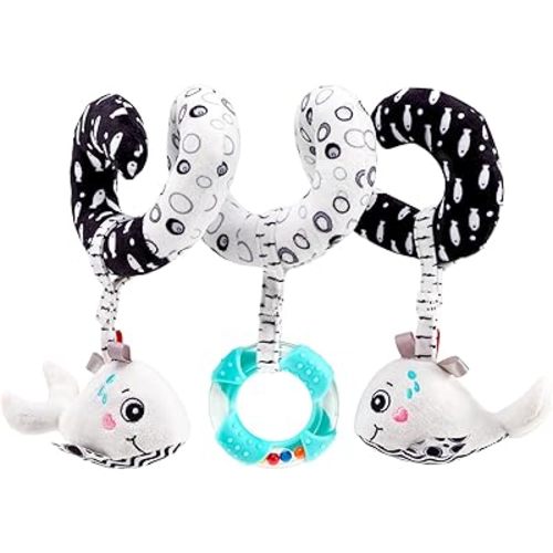 Spiral Car Seat Stroller Toy, High Contrast Baby Stroller Toys for Newborn 0 3 Months Brain Development, Hanging Toys Sensory Toys Baby Stroller Plush Toys, Black and White Baby Toys for Stroller
