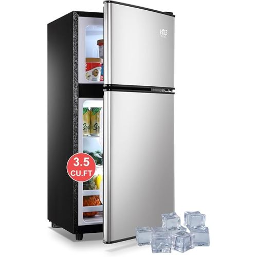 KRIB BLING Refrigerator with Freezer 3.5 Cu.Ft with 7 Level Adjustable Thermostat Control 2 Door Energy Saving Top-Freezer Compact Refrigerator Silver (KB03 FLS-80-Silver-2)