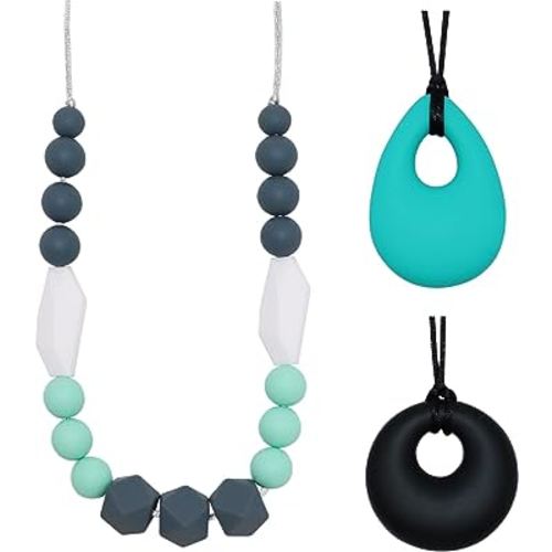 Teething Necklace for Baby and Mom to Wear, Sensory Chew Necklaces for Kids Silicone Chew Toys for Autistic Children or SPD ADHD Anxiety Nursing Biting, Oral Motor Teether Toys for Babies