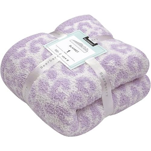 bearberry Fuzzy Leopard Knitted Throw Blanket Soft Cozy Warm Microfiber Blanket for Couch Sofa Bed Travel (Purple/Cream, 50"x60")