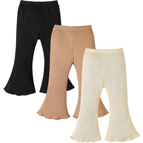 3 Pack Baby Girl Pants: Infant Solid Ribbed Flare Pants Cotton Pull On Bottoms Leggings for Toddler 0-24 Months