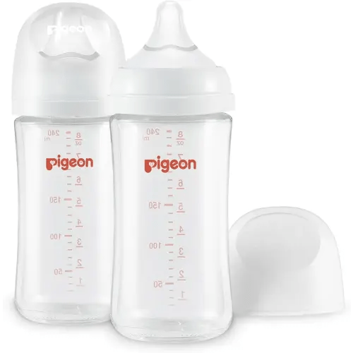 Pigeon Glass Nursing Bottle Wide Neck, Anti-Colic, Streamlined Body, Natural Feel, Easy to Clean, Heat-Resistant, 8.1 Oz(Pack of 2), Includes 2pcs M Nipples (3m+)