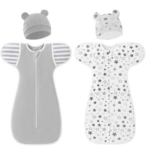 YCHWFF 2 Pack Transition Swaddle with hats, Baby Sleep Sack,Snug Fit Helps Calm Startle Reflex, 0-3 Months