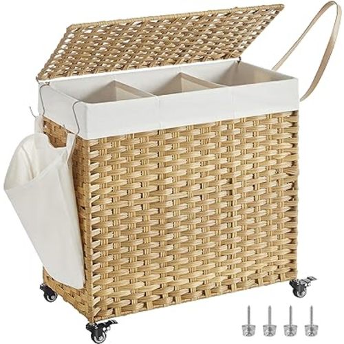 SONGMICS Laundry Hamper with Lid, 37 Gallons (140 L), Rolling Laundry Basket with Wheels, 3-Section Synthetic Rattan, Removable Liner, Bedroom, 26 x 13 x 26 Inches, Natural ULCB363N01