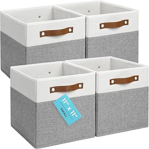 OrganiHaus 11" x 11" x 11" Fabric Cube Storage Bins Set of 4, Foldable Collapsible Canvas Storage Bins for Organizer, 11 inch Cubbies Organizer for Kallax, Linen Cube Shelf Baskets - Grey/White
