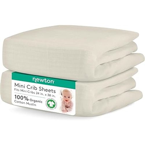 Newton Baby Mini Crib Fitted Sheets (2-Pack) | Organic Muslin Cotton, Ultra Breathable & Soft Baby Sheets, Machine Washable Baby Mattress Sheets, Fits Any Mini Sized Crib 24" x 38", Oatmeal