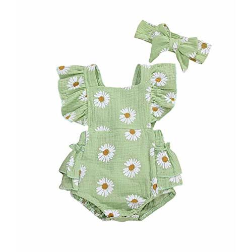 Baby Girls Floral Cotton Leotard Romper Newborn Daisy Playsuits Ruffled Sleeve Onesie Infant Jumpsuit Clothes Headband