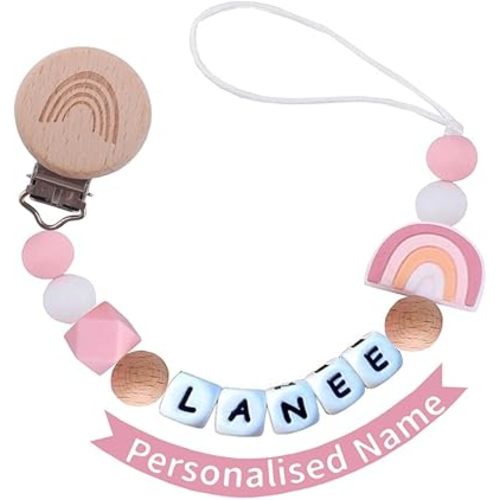 Personalized Pacifier Clip with Name Custom Stroller Clip Silicone Pacifier Chain Holder Clips (Rainbow)