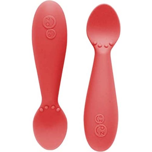 ezpz Tiny Spoon (2 Pack in Coral) - 100% Silicone Baby Spoon for Baby Led Weaning + Purees - 6 months + - Designed by a Pediatric Feeding Specialist - Baby Essentials & Baby Gifts