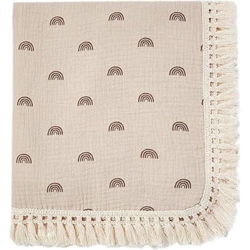 insular Cotton Muslin Baby Blanket with Tassel, Boho Bohemian Muslin Swaddle Blanket Baby Receiving Blanket with Fringe, Nursery Decor Throw or Nursing Blankets, 47" x40”, Khaki Rainbow