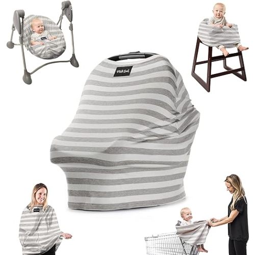 Milk Snob Original 5-in-1 Cover - Nursing Cover for Breastfeeding - Baby Car Seat Cover, Carseat Canopy & Stroller - Essential All-in-One Cover - Gift for Mom, Baby (Cream and Gray Stripe)