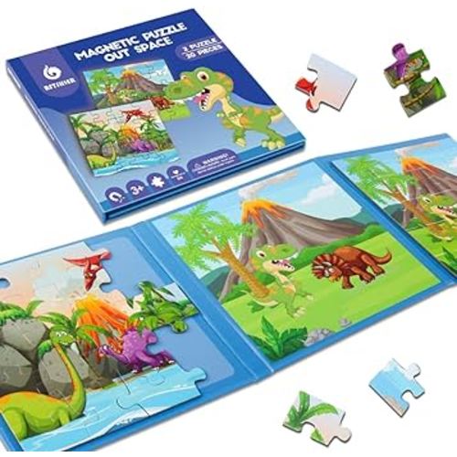 BST SHIER Magnetic Puzzles for Kids Ages 3 4 5 6, TWO-20 Piece Dinosaurs Wooden Jigsaw Puzzles Book for Toddlers, Travel Games and Travel Toys for 3 4 5 6 Year olds Boys and Girls