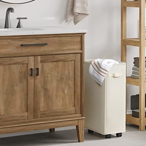 Chrislley 45L Slim Laundry Hamper with Wheels Narrow Rolling Laundry Basket Foldable Dirty Clothes Portable Skinny Hamper Organizer Storage Bins (23.2 inches, Beige 1)