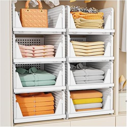 SNSLXH 5 Pack Stackable Closet Storage Basket, Multifunctional & Foldable Closet Organizer for Bathroom Kitchen Laundry Room Wardrobe Storage, Space-Saving Clothes Storage Drawer Organizer, White