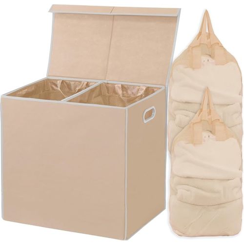 Simple Houseware Double Laundry Hamper with Lid and Removable Laundry Bags, Beige
