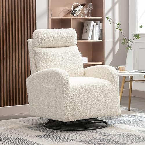 Swivel Rocking Chair，Nursery Swivel Glide Armchair Teddy Fabric Upholstered Modern Rocking Chairs with High Backrest for Nursery, Bedroom, Living Room（White Teddy