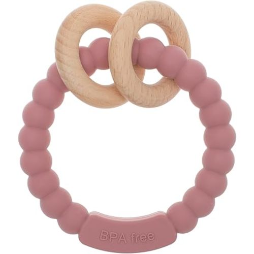 Baby Teether, One Piece Design Silicone & Beech Teething Ring Toy for Babies, BPA Free (Power Rose)