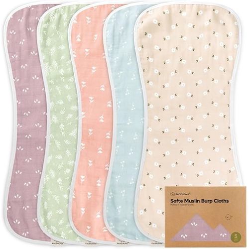 5-Pack Muslin Burp Cloths Baby Boy, Girl - Very Absorbent Baby Burp Cloth Rags, 8-Layers Viscose Derived from Bamboo Cotton Muslin Towel, Super Soft Spit Up Rags, No Shrink Washcloths (Blooms)