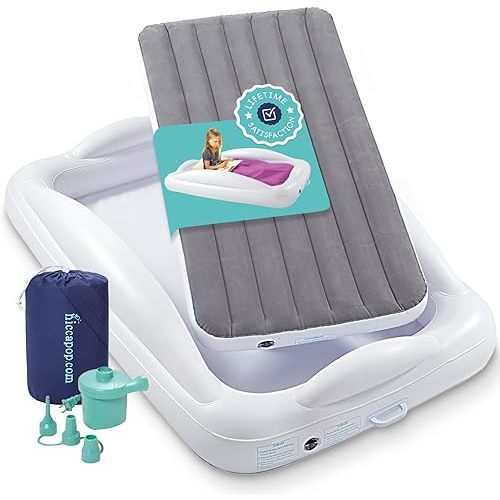 Hiccapop Inflatable Toddler Travel Bed with Safety Bumpers [4-Sided], Portable Toddler Bed for Kids, Toddler Air Mattress, Kids Air Mattress - Grey