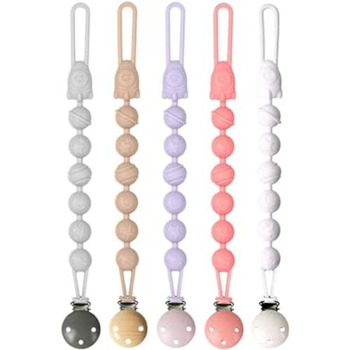 Silicone Pacifier Clips Baby, 5 Pack Soft Flexible Binky Pacifier Clip Holder with One Piece Beads Design for Boys and Girls, Birthday Gift Fits All Soother and Toys (grey)