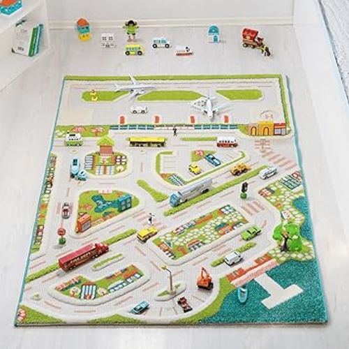 IVI 3D Play Carpets Mini City 59" L x 39" W Educational Toddler Car Mat Rug for Bedroom, Kids Den, or Playroom