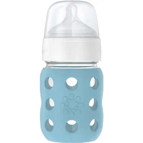 Lifefactory 8-Ounce Wide Neck Glass Baby Bottle with Protective Silicone Sleeve and Stage 2 Nipple, Denim (LG2211WDE4)