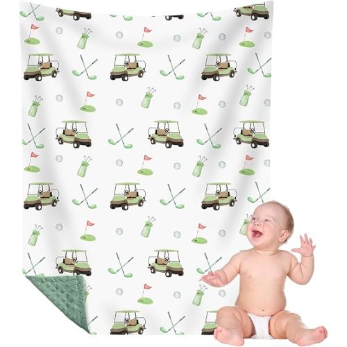 CroBlissful 30 x 40 Inch Golf Baby Blanket for Boys Girls Double Layer with Dotted Backing Soft Golf Stuff Blanket Toddler Newborn Gift Set
