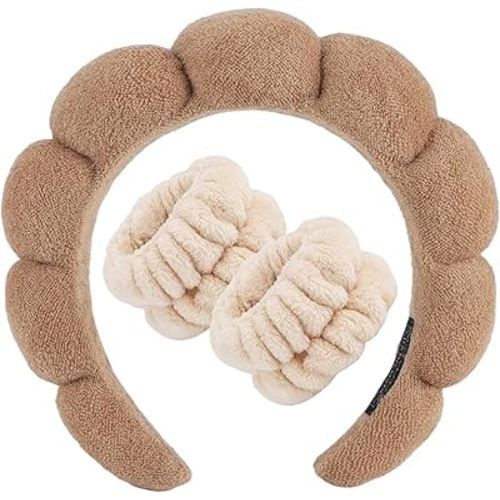 Zkptops Spa Headband for Washing Face Wristband Set Sponge Makeup Skincare Terry Cloth Bubble Soft Get Ready Hairband for Women Girl Puffy Padded Headwear Non Slip Thick Hair Accessory(Brown-2)