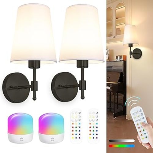 Laiebri Battery Operated Wall Sconces Set of 2, Rechargeable Black Wall Sconce with Remote Control, 12 Colors RGB Magnetic Bulb, Wireless Battery Wall Lamp for Bedroom Living Room Hallway