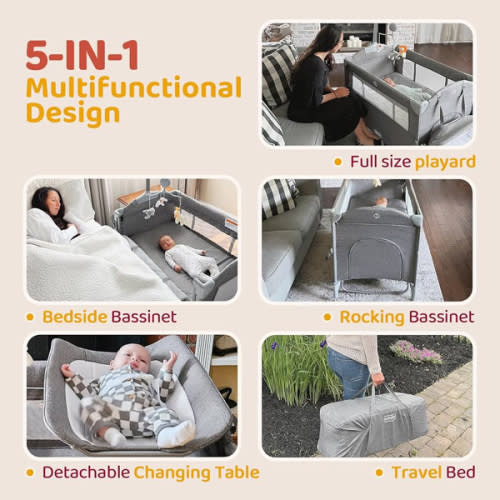 HARPPA Pack and Play 5 in 1, Portable Baby Playard for Travel, Baby Bassinet Bedside Sleeper with Mattress, Rolling Bassinet for Infant, Pack n Play with Changing Table, Bed Crib(Gray)