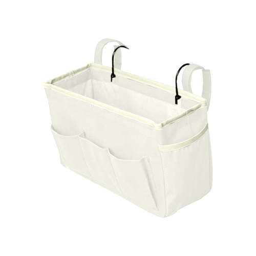 Canvas Hanging Bedside Organizer with Hooks - Non-Sag Bed Storage Caddy with Water Bottle Holders for Bunk Bed, Bedroom Essentials