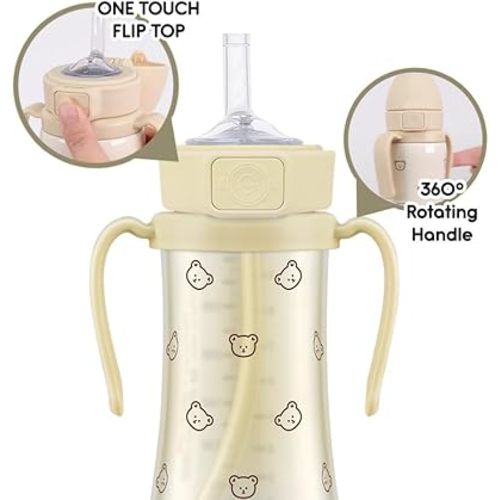 GROSMIMI Flip Top Spill Proof Sippy Cup, PPSU, BPA Free, 10 oz, Stage 2 Straw for Toddlers (Bear)