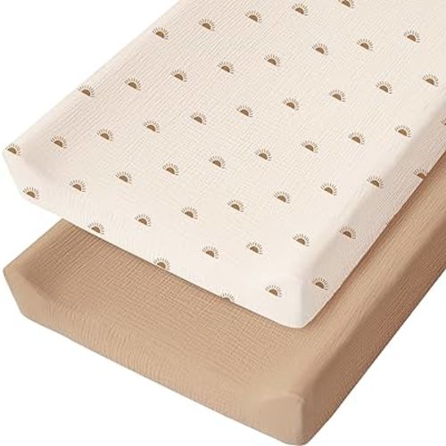 Konssy 2 Pack Muslin Changing Pad Cover for Baby Girls Boys 100% Cotton Fitted Diaper Changing Table Cover Set, Soft Changing Pad Sheets (Camel, Sun)
