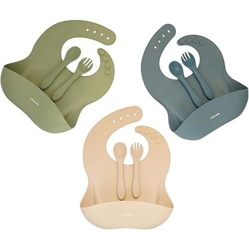 Baby Feeding Silicone Bibs with Food Catcher, Adjustable Neck Band, 3 Pack & 3 Sets of Spoons & Forks, Food Grade Pure Silicone, Waterproof, PVC & BPA Free, Neutral Unisex Colors, Babies and Toddlers