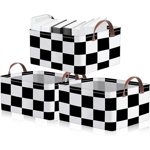 Boao 3 Pcs Checkered Basket Checkered Storage Bin with Handles Gingham Storage Bin Square Tote Laundry Basket Canvas Foldable Box for Home Office Bedroom Bathroom Clothes Cars(Black)
