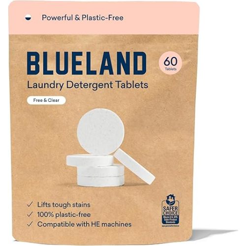 BLUELAND Laundry Detergent Tablets, 60 Count, Unscented Plastic-Free Eco-Friendly Pods, Sheets, Liquid Alternative - Natural, Gentle, Non Toxic