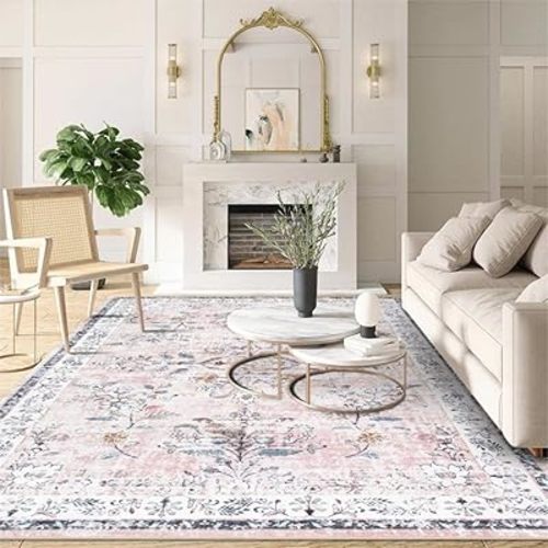 LIVEBOX Washable 6x9 Pink Rugs for Bedroom, Soft Floral Area Rug for Girls Nursery Room, Low-Pile Non-Shedding Boho Area Rug Living Room Rug, Large Low-Pile Vintage Rug for Dining Room, Blush/Pink