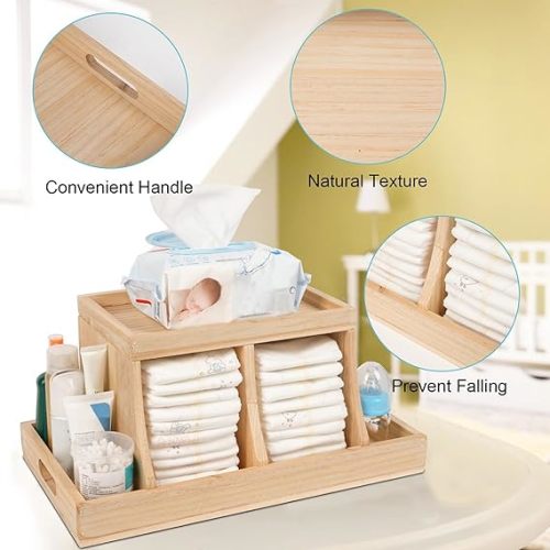 Diaper Caddy Organizer, Changing Table Organizer, Wooden Diaper Organizer for Nursery, Baby Diaper Storage Organizer with Removable Dividers (Brown, Rectangular Size)
