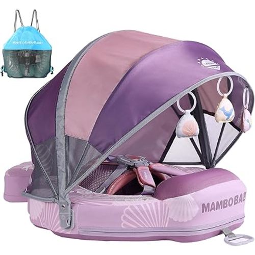 Mambobaby Float Add Tail Baby Swim Float with Canopy Solid Pool Infant Swim Trainer Swimming Training Lying Air Free Water Floats Non-Inflatable Waist Swim Ring for Toddlers (Shell - Purple)